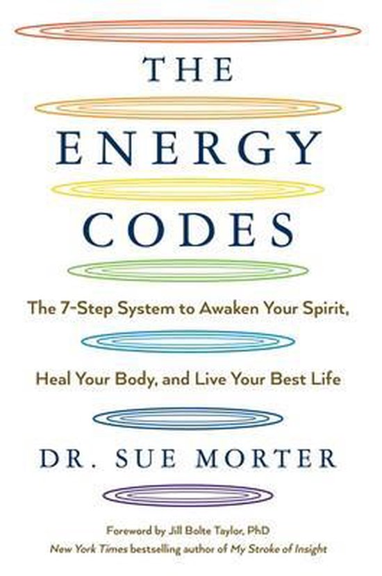 Couverture du livre 'The Energy Codes' avec le titre en gros caractères, entouré d'ovales colorés. Le sous-titre et l'auteur Dr. Sue Morter sont en dessous.