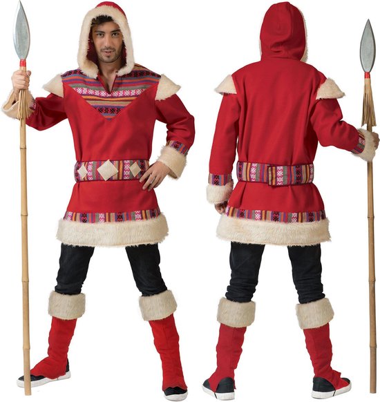 Funny Fashion - Eskimo Kostuum - Eskimo Nanook Heer - Man - rood - Maat 52-54 - Carnavalskleding - Verkleedkleding