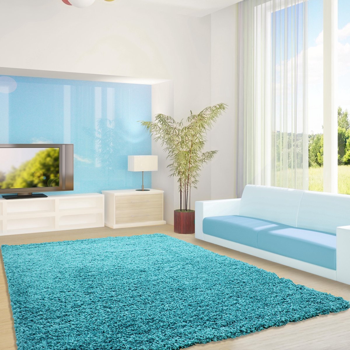 flycarpets Hoogpolig vloerkleed met ruitpatroon, turquoise kleur, geschikt voor de woonkamer, met jute achterkant, afmetingen: 200 cm x 290 cm