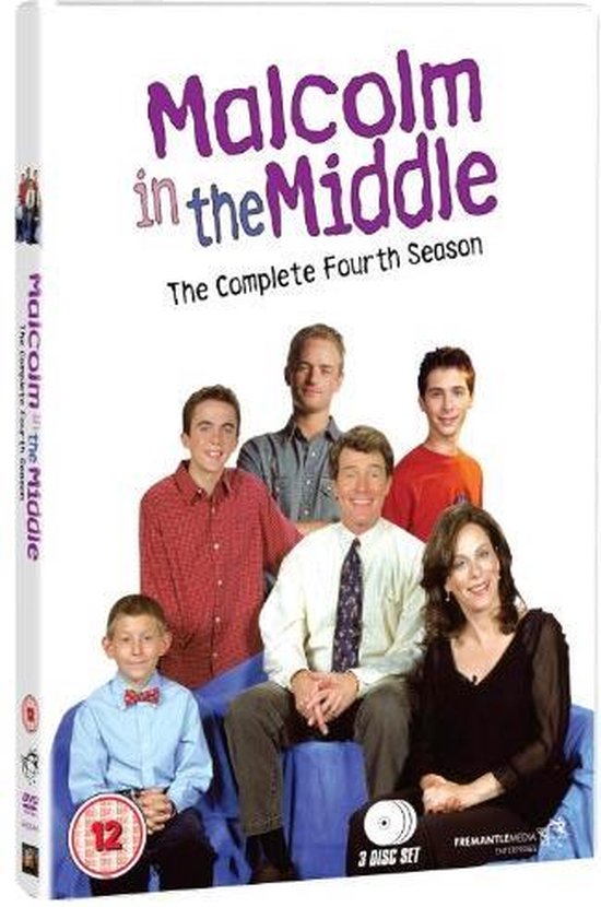 De dvd-box van Malcolm in the Middle, De Complete Vierde Seizoen. De cast staat glimlachend op de voorkant.