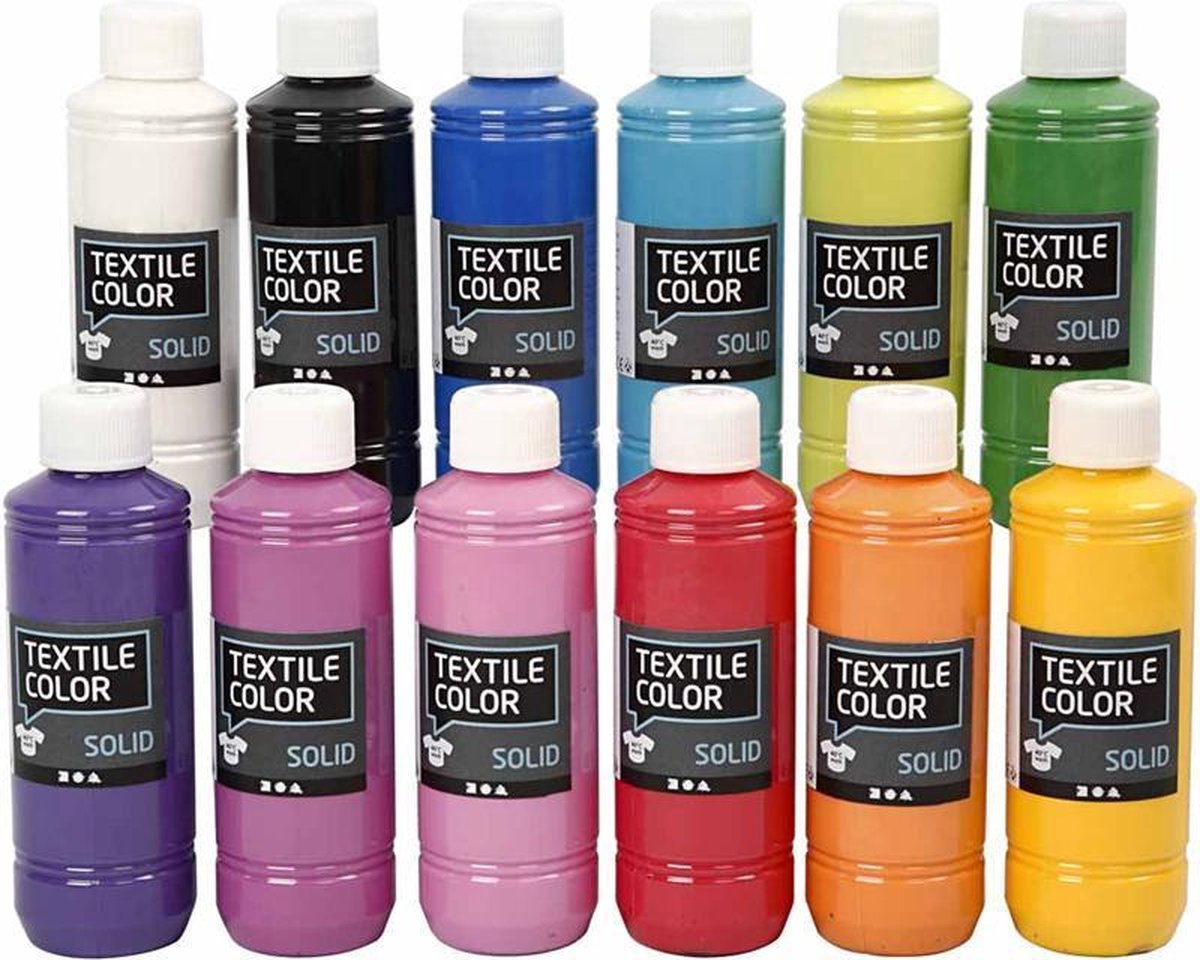 Textielverf - Diverse Kleuren - Dekkend - Creotime - 12x250 ml