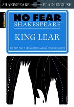 Boekomslag 'No Fear Shakespeare King Lear'. Blauw bord met tekst 'NO FEAR SHAKESPEARE KING LEAR'. Daaronder abstracte, witte silhouetten tegen een zwarte achtergrond.