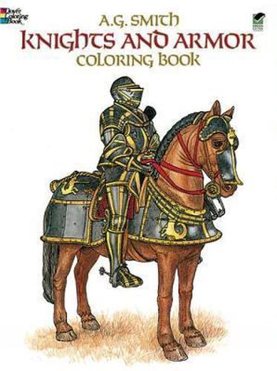 Knights and Armor Coloring Book. Een ridder in volledig harnas zit op een paard. Gouden en zwarte kleuren.