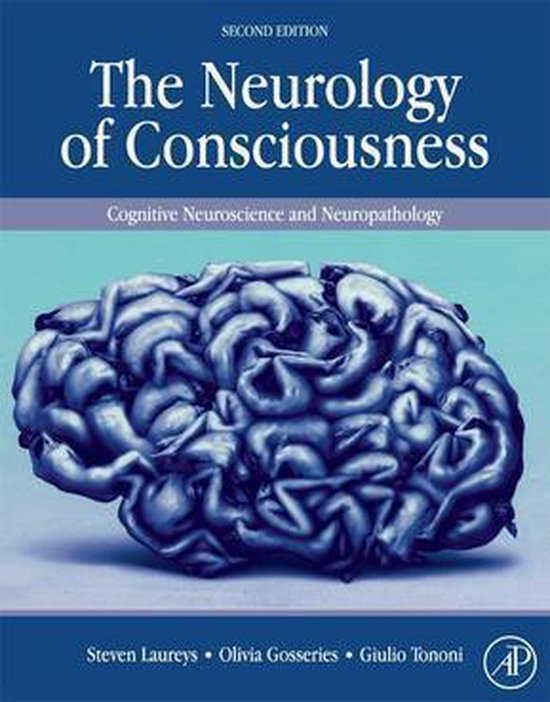 Tweede editie, 'The Neurology of Consciousness', cognitieve neurowetenschap en neuropathologie, met een donkerblauw anatomisch hersenmodel op de voorgrond.