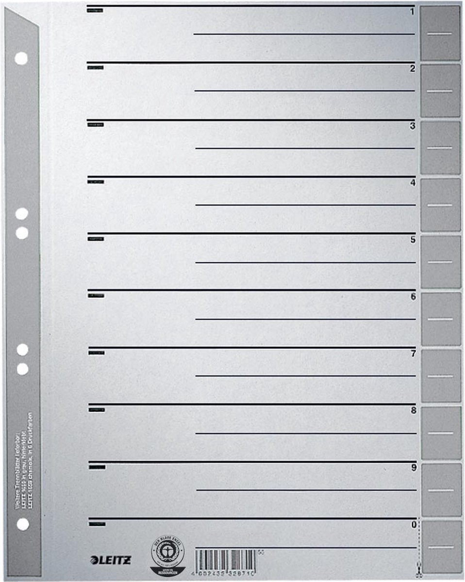 Scheidingsbladen leitz 1652 karton a4 230gr grijs
