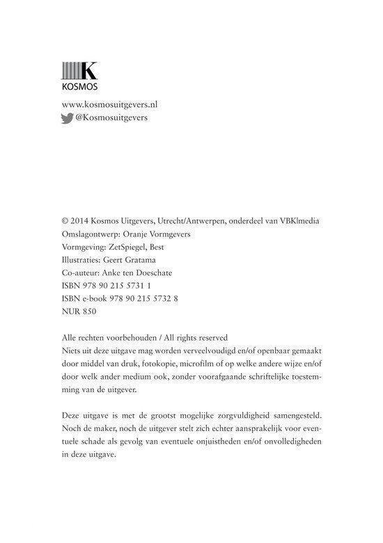 Achterkant van een boek met uitgever Kosmos, website en QR-code.