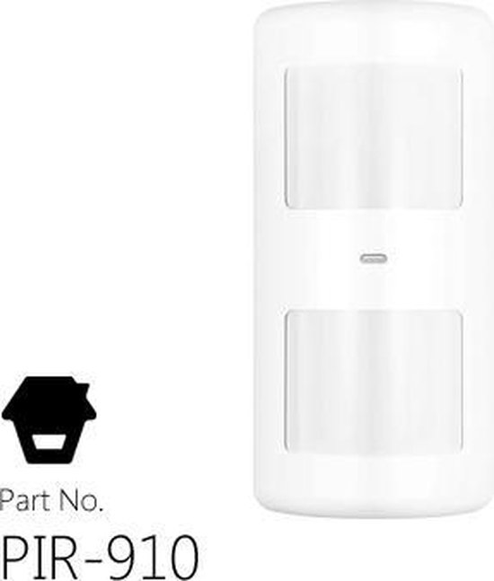 Witte draadloze bewegingsmelder PIR-910 met twee lenzen, een indicator en huislogo.