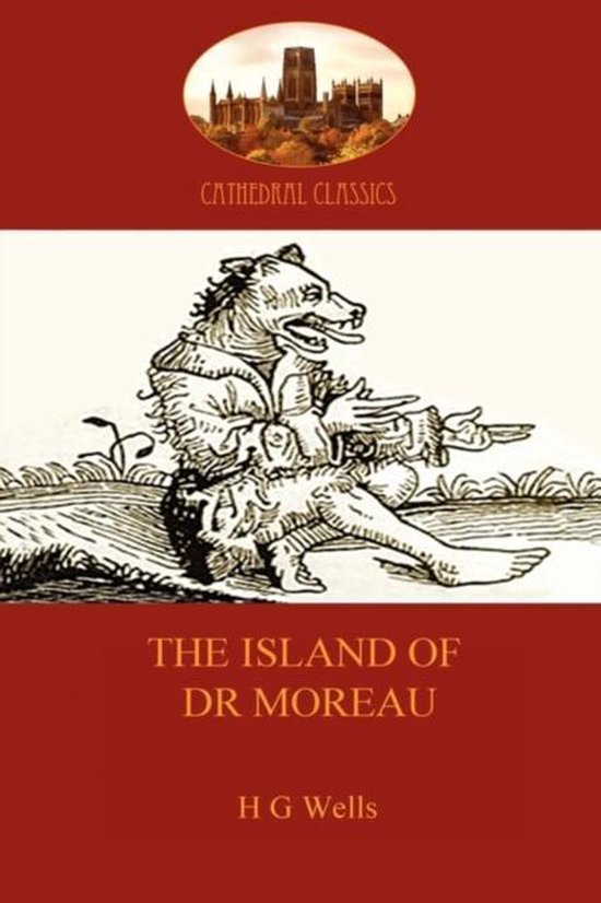 De kaft van 'The Island of Dr Moreau' toont een antieke illustratie van een dierachtig wezen met menselijke kleding aan.