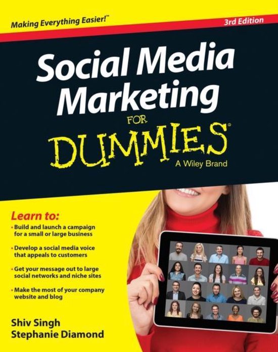 De 'Social Media Marketing For Dummies 3rd Edition' met op de voorgrond een vrouw die een tablet vasthoudt met een raster van gezichten.