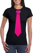 Zwart t-shirt met roze stropdas dames XS