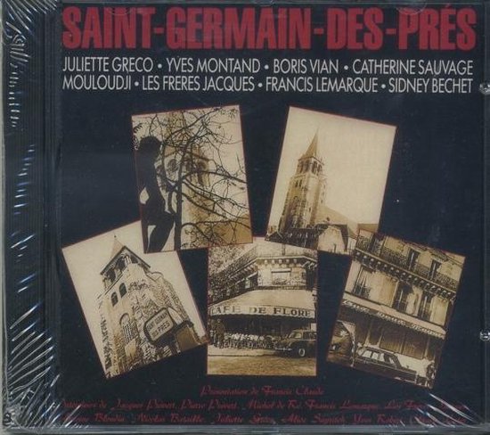 CD-hoes met collage van zwart-witfoto's van Parijse gebouwen en cafés, met de titel 'SAINT-GERMAIN-DES-PRES'.