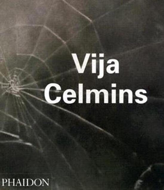 Boek kaft met de naam Vija Celmins, op een gebroken glas achtergrond. PHAIDON logo onderaan.
