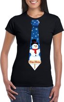 Zwart kerst T-shirt voor dames - Sneeuwpoppen stropdas print XS