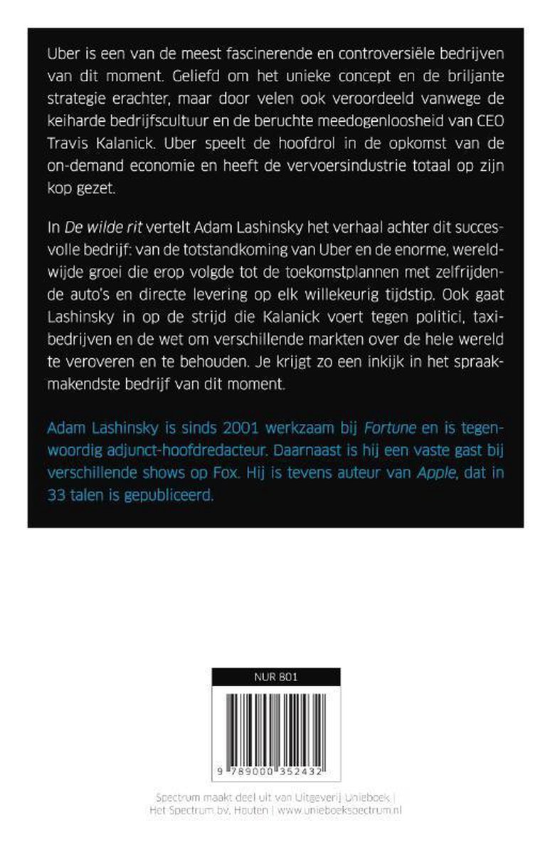 Achterkant van het boek 'De wilde rit' met beschrijving van de inhoud en de auteur Adam Lashinsky.