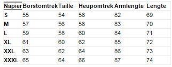 Maattabel voor kleding met maten S tot XXXL.