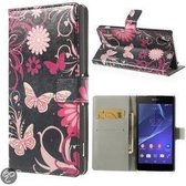 Sony Xperia Z2 agenda vlinder zwart roze wallet hoesje