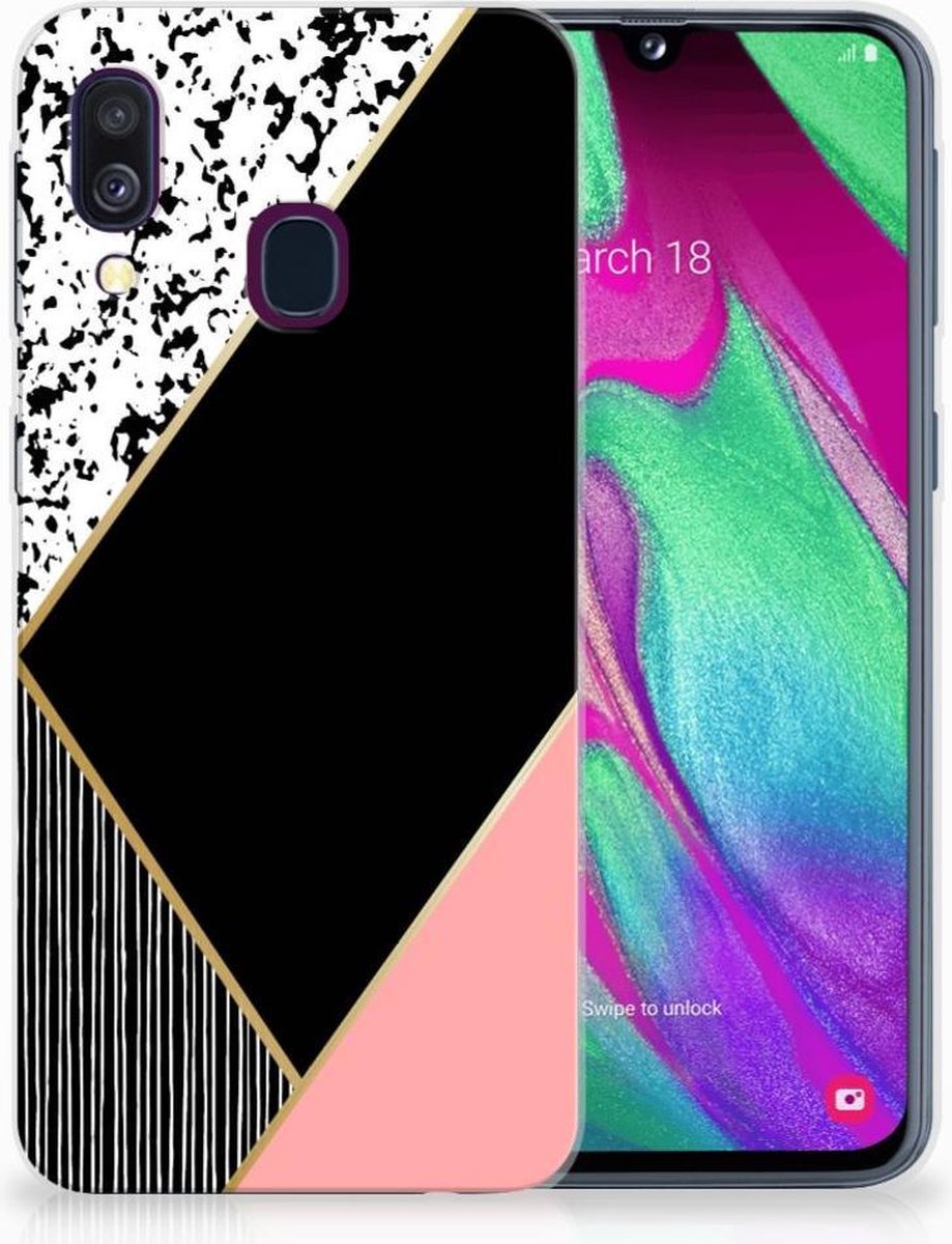 Samsung Galaxy A40 TPU Hoesje Zwart Roze Vormen