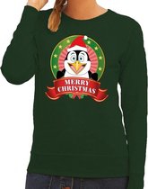 Foute kersttrui / sweater pinguin - groen - Merry Christmas voor dames XS (34)
