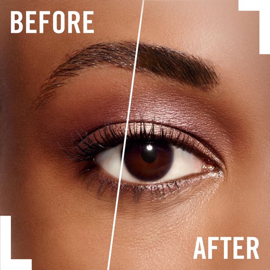 Voor en na foto van een oog, met wenkbrauwen gekleurd met Rimmel London.