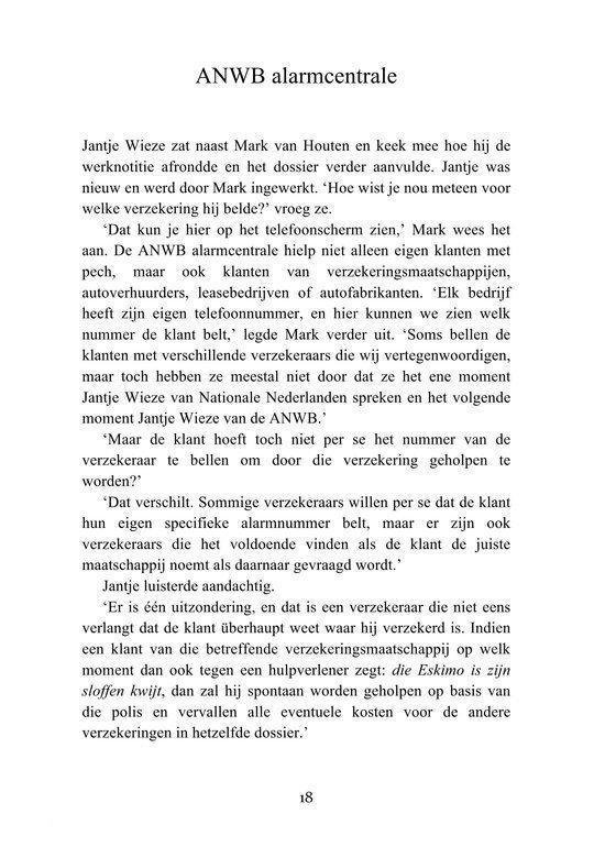 Pagina met de titel 'ANWB alarmcentrale'. Tekst over Jantje Wieze en Mark die werken bij de ANWB en omgaan met verzekeringen en klachten.