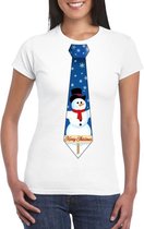 Wit kerst T-shirt voor dames - Sneeuwpoppen stropdas print XS