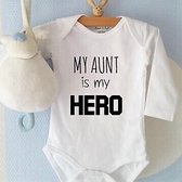 Baby Rompertje met tekst My aunt is my hero  | Lange mouw | wit | maat  62/68 tantie