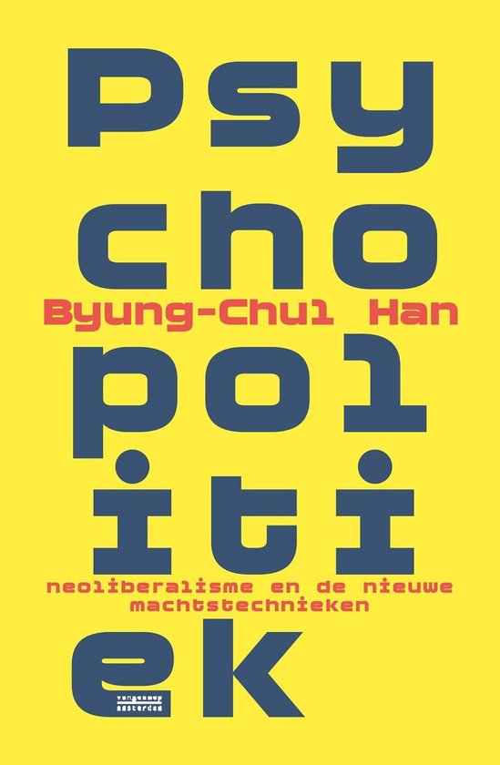 Boek "Psychopolitiek" met gele achtergrond. Grote blauwe letters spellen "PSYCHO" en "POLITI".