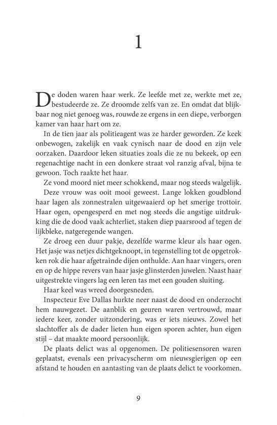 Page 1, texte sur Eve Dallas, une enquête policière, des victimes et la police.