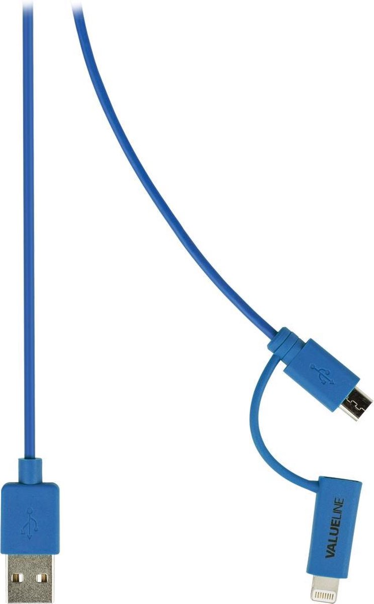 Valueline VLMP39400L1.00 2-in-1 Data En Oplaadkabel Usb Micro-b Male + Lightningadapter - A Male 1.00 M Blauw