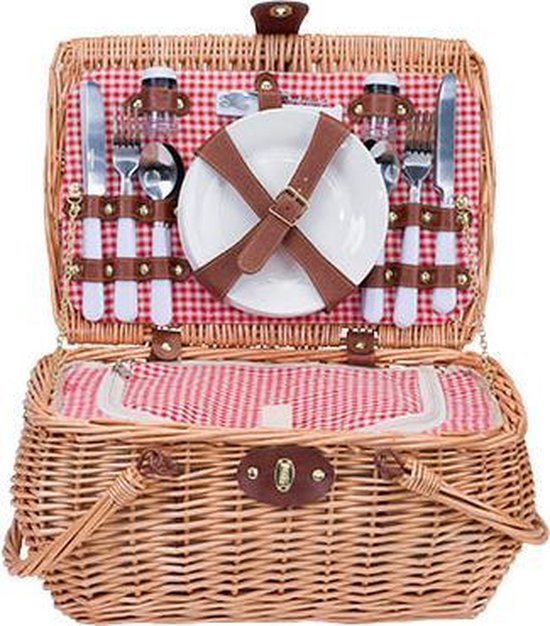 Picknickmand met luxe servies en koelzak - 4-persoons - Riet - Inclusief  wijnglazen en... | bol.com