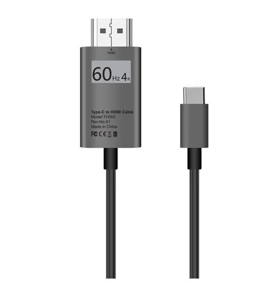Connecteur HDMI et connecteur USB-C d'un câble Type-C vers HDMI. Le connecteur HDMI indique '60Hz 4K'.