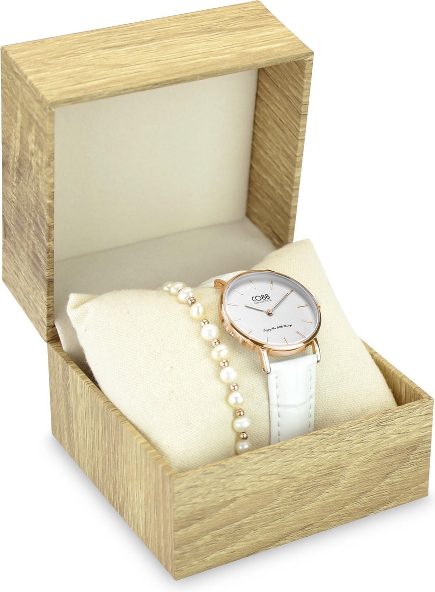 CO88 Collection Gift Set 8CO SET039 Horloge Geschenkset - Horloge met Armband - Ø 32 mm - Rosékleurig - Wit