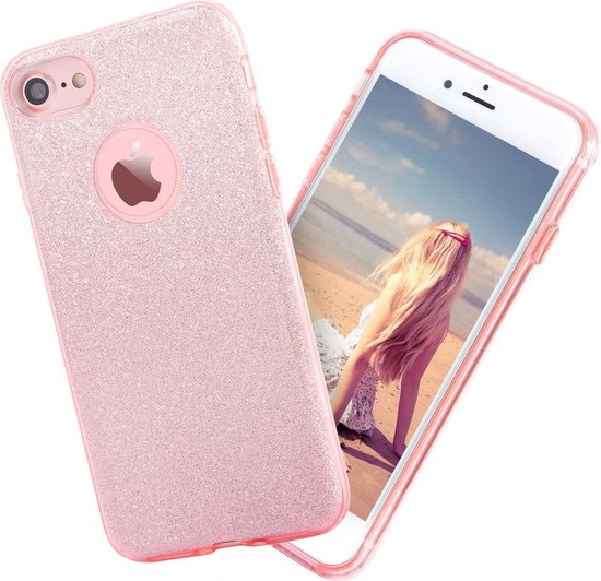 Hoesje geschikt voor iPhone SE 2022 / 2020 / 8 / 7 - Glitter Back Cover Bling Siliconen Case Hoes Roze - iCall