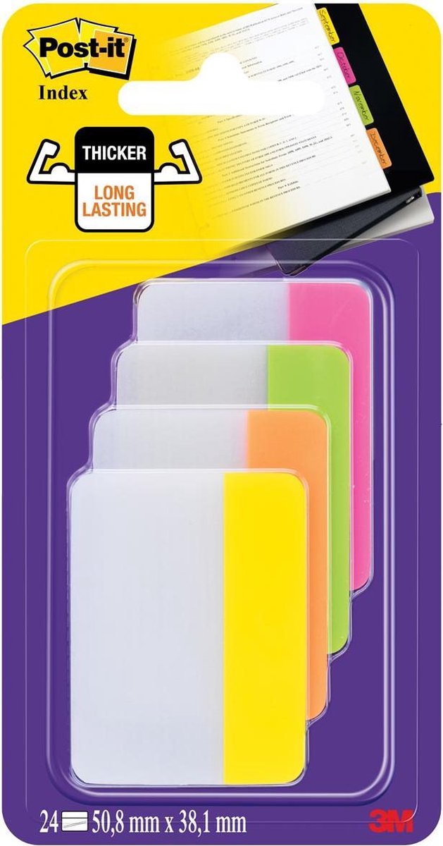 Post-it Index Strong, , ft 38 x 50,8 mm, blister met 4 kleuren, 6 tabs per  kleur | bol.com