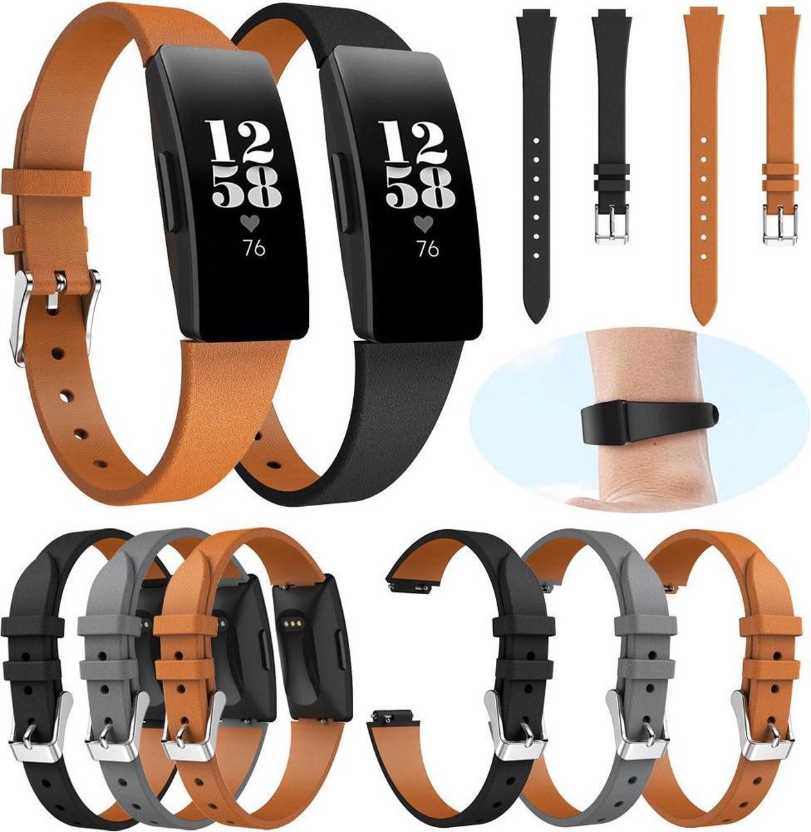 KELERINO. Leren bandjes geschikt voor Fitbit Inspire (HR) - 3pack - Bruin / Grijs / zwart