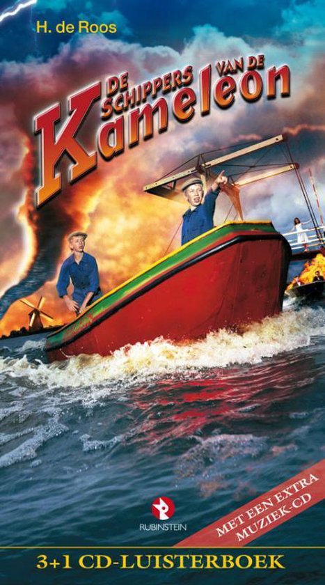 Boekcover De Schippers van de Kameleon: twee jongens in een rode boot, een molen en bliksem.