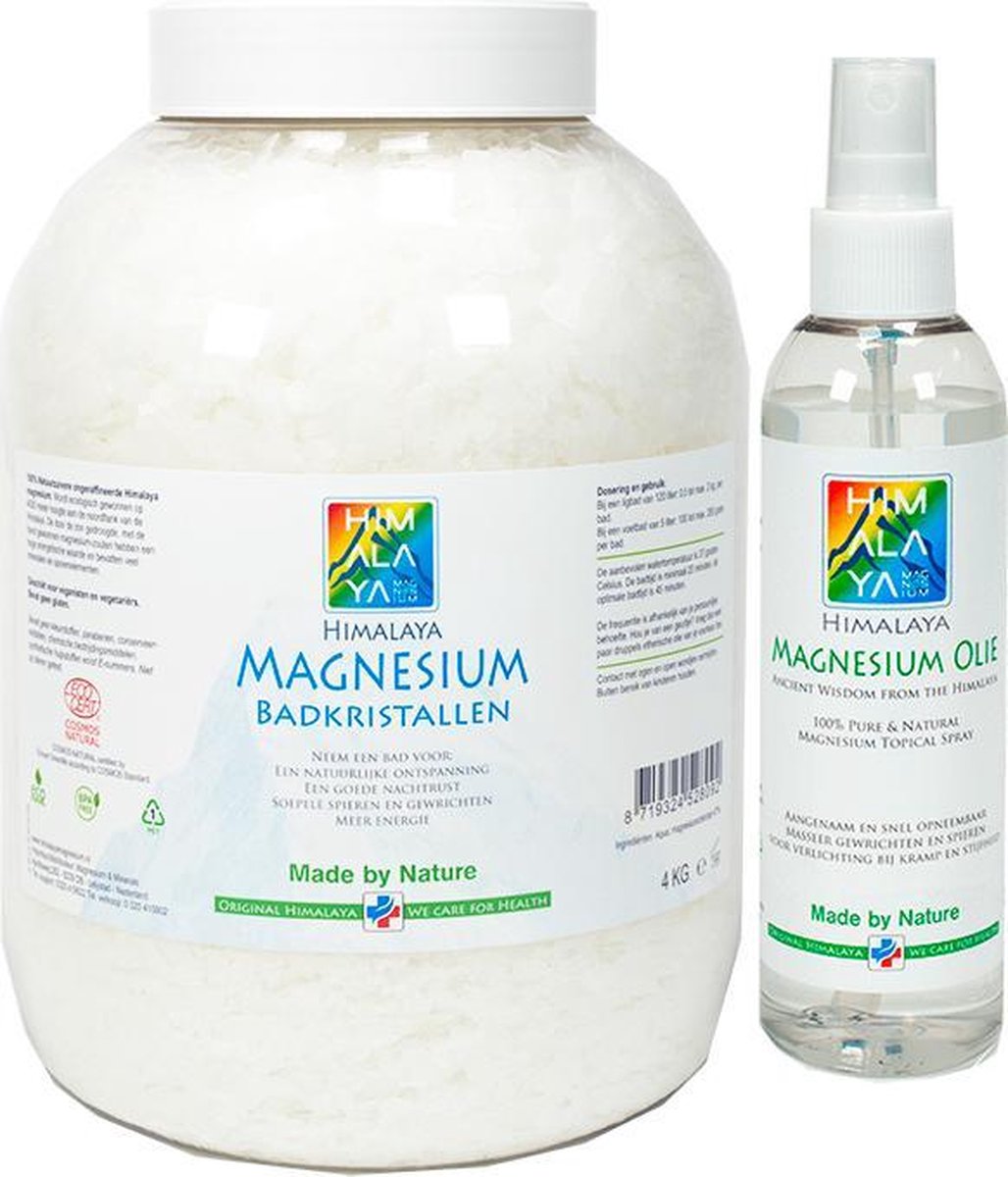 Magnesiumolie spray 200 ml en Magnesium vlokken-badkristallen 4 kg van Himalaya magnesium | Food kwaliteit | Magnesiumchloride voor spieren - Himalaya Magnesium