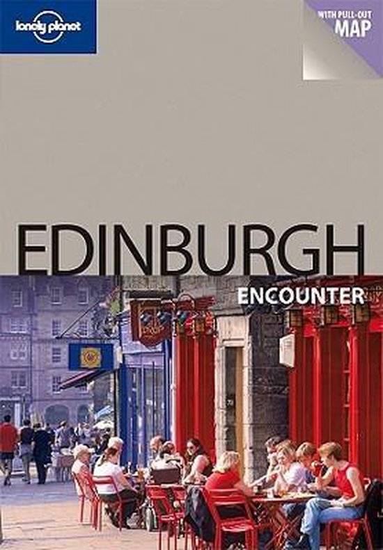 Boek "Edinburgh Encounter" met Lonely Planet logo. Terras met mensen, rode telefooncellen en stenen gebouwen.