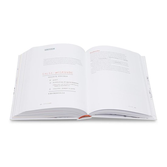 Openstaand kookboek met de titel 'Sauzen' en 'Salsa-wiskunde' op de linkerpagina. De rechterpagina bevat de titel 'Kruidensalsa'.