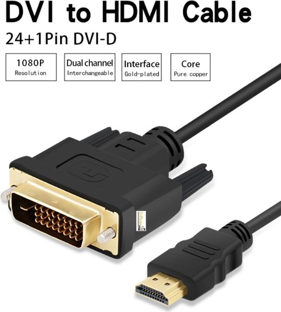 DrPhone DVD1 High Speed DVI-D Dual Link naar HDMI adapter Kabel 3 METER -  Goud... | bol.com