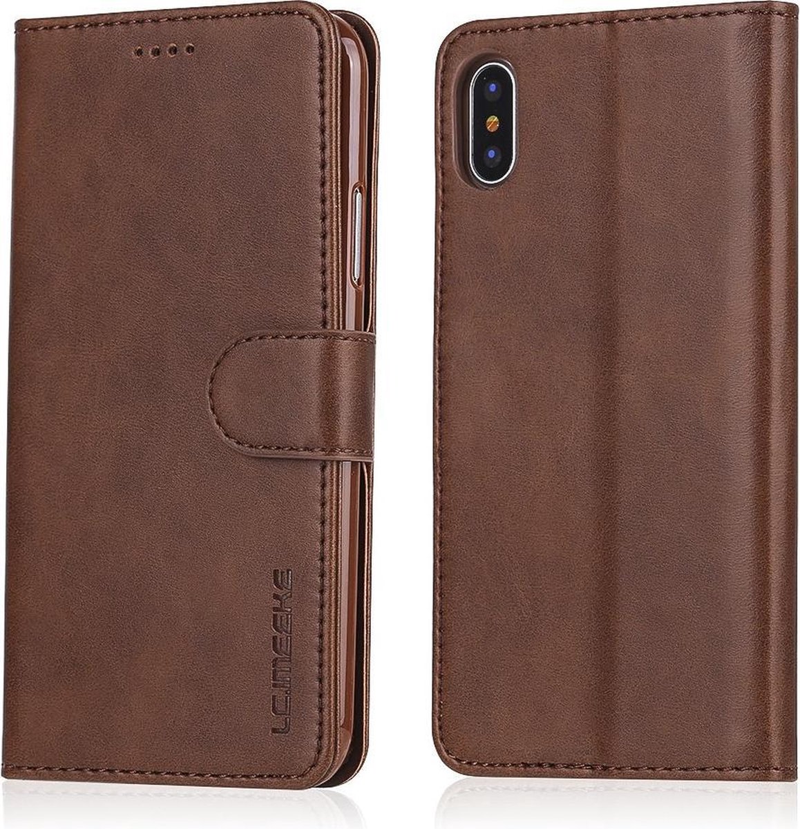 LC.IMEEKE Luxe Book Case - Geschikt voor iPhone X / Xs Hoesje - Donkerbruin