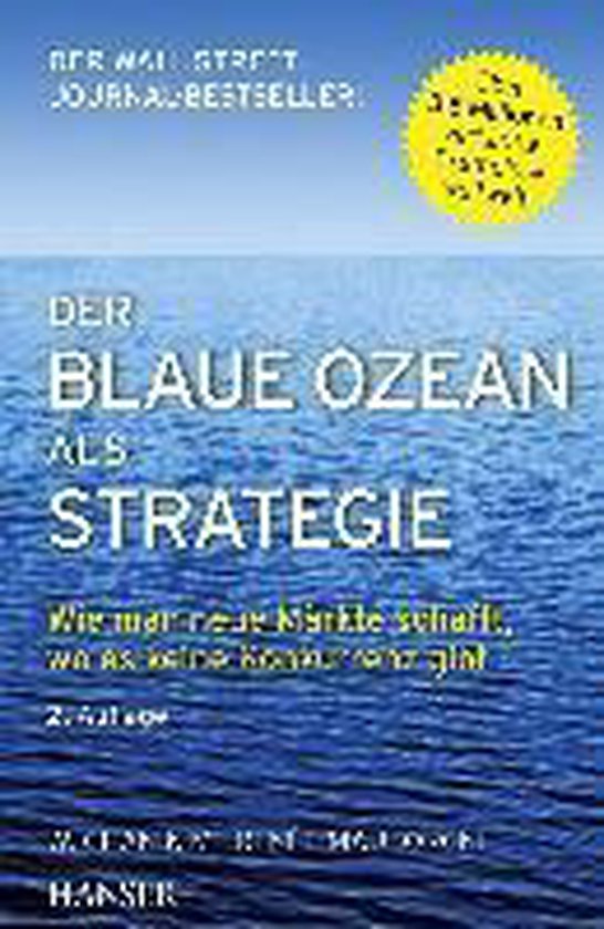 Boek 'De Blauwe Oceaan als Strategie' in het Duits, met een blauwe oceaan op de kaft.