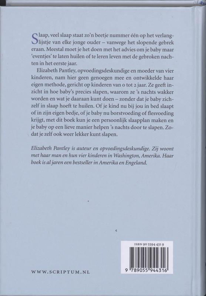 Achterpagina van het boek 'Lekker slapen zonder huilen' met tekst over de auteur Elizabeth Pantley en het boek.
