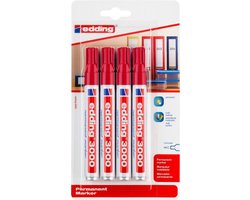 edding 3000 permanent marker - rood - 4 stiften - ronde punt 1,5-3 mm - water en wrijfvast - voor karton, kunststof, hout, metaal, etc. - alcohol markers voor volwassenen