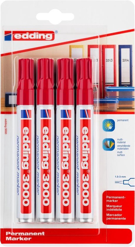 Emballage de 4 marqueurs permanents edding 3000 rouges.