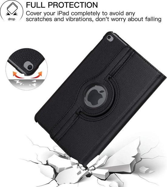 Housse de tablette noire protégeant une tablette contre les chutes, avec une illustration de chute.
