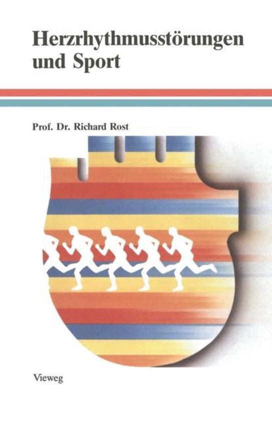 Couverture de livre intitulée 'Herzrhythmusstörungen und Sport' avec une image de silhouettes en cours d'exécution sur un fond coloré.
