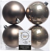 4x Kasjmier bruine kunststof kerstballen 10 cm - Mat/glans - Onbreekbare plastic kerstballen - Kerstboomversiering Kasjmier bruin
