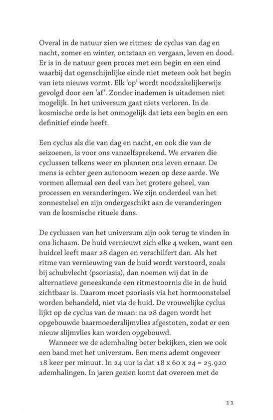 Tekstpagina uit een boek die de cycli van dag en nacht en van het universum in het lichaam beschrijft.