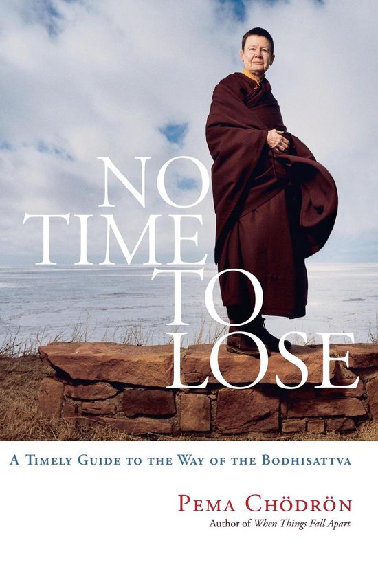 Pema Chödrön staat op een stenen muur met de titel 'NO TIME TO LOSE' op de achtergrond.